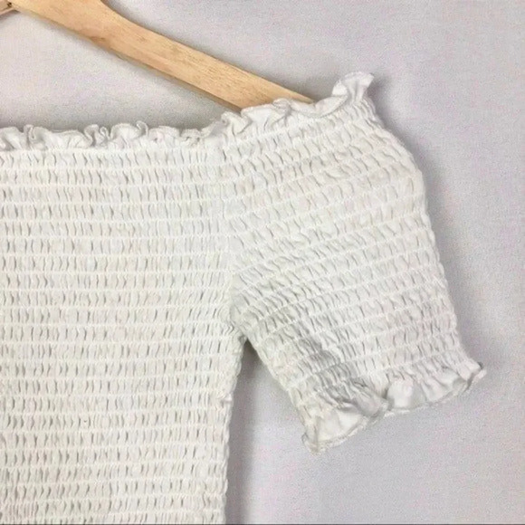 H&M White Frill Short Sleeve Ruched Smocked Cropped Top XS - Picture 4 of 5